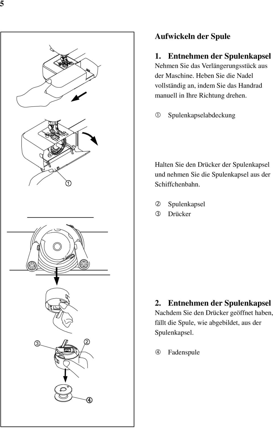 Spulenkapselabdeckung Halten Sie den Drücker der Spulenkapsel und nehmen Sie die Spulenkapsel aus der Schiffchenbahn.