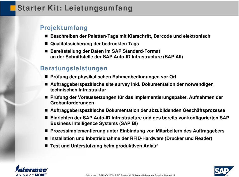 Dokumentation der notwendigen technischen Infrastruktur Prüfung der Voraussetzungen für das Implementierungspaket, Aufnehmen der Grobanforderungen Auftraggeberspezifische Dokumentation der