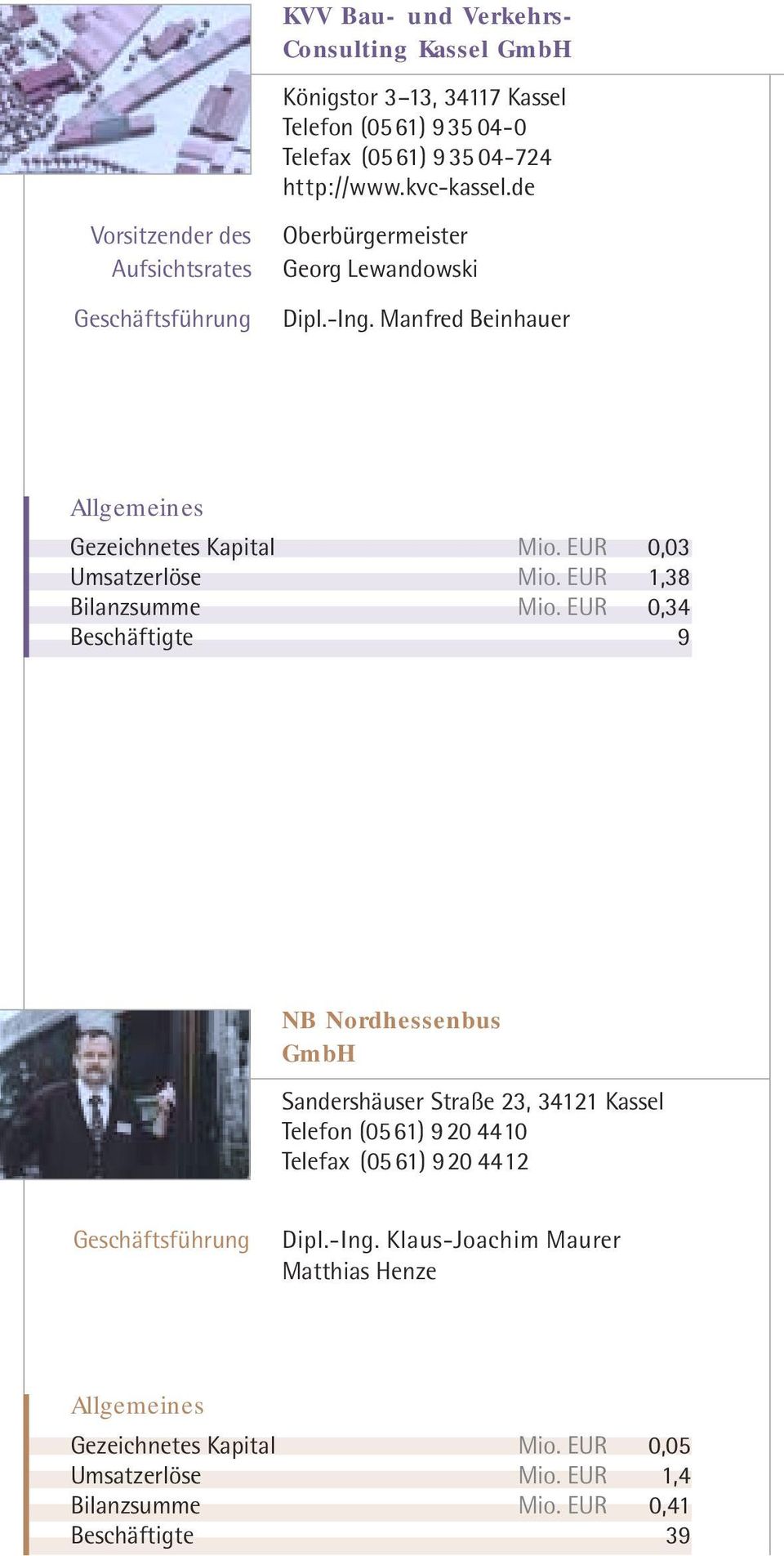 EUR 0,34 Beschäftigte 9 NB Nordhessenbus GmbH Sandershäuser Straße 23, 34121 Kassel Telefon (0561) 9 20 4410 Telefax (05 61) 920