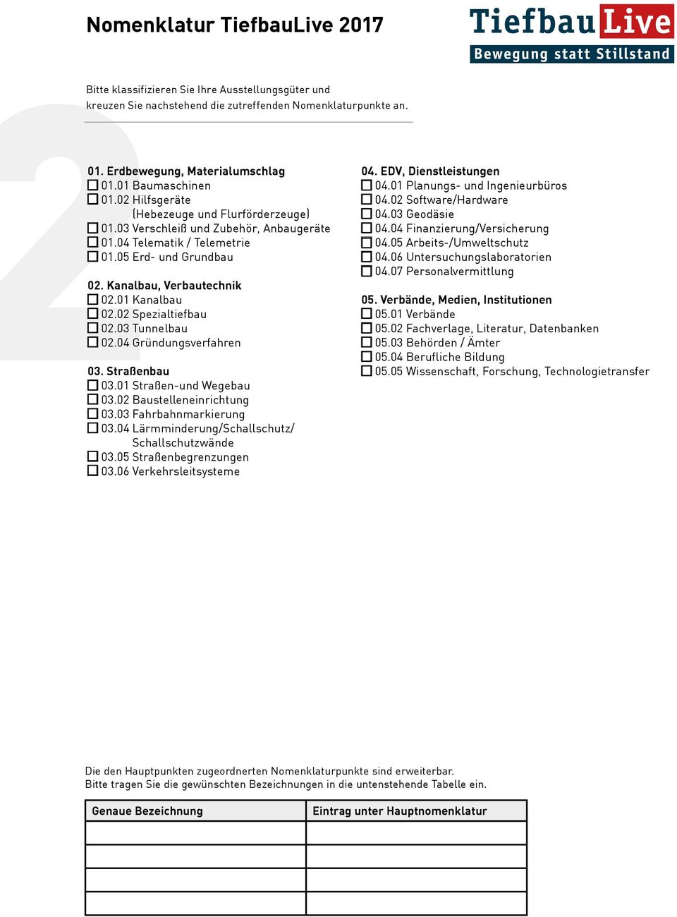 02 Spezialtiefbau 02.03 Tunnelbau 02.04 Gründungsverfahren 03. Straßenbau 03.01 Straßen-und Wegebau 03.02 Baustelleneinrichtung 03.03 Fahrbahnmarkierung 03.