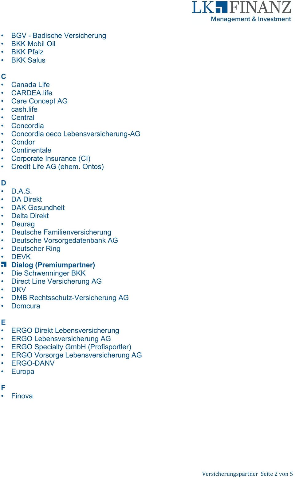 DA Direkt DAK Gesundheit Delta Direkt Deurag Deutsche Familienversicherung Deutsche Vorsorgedatenbank AG Deutscher Ring DEVK Dialog (Premiumpartner) Die Schwenninger BKK