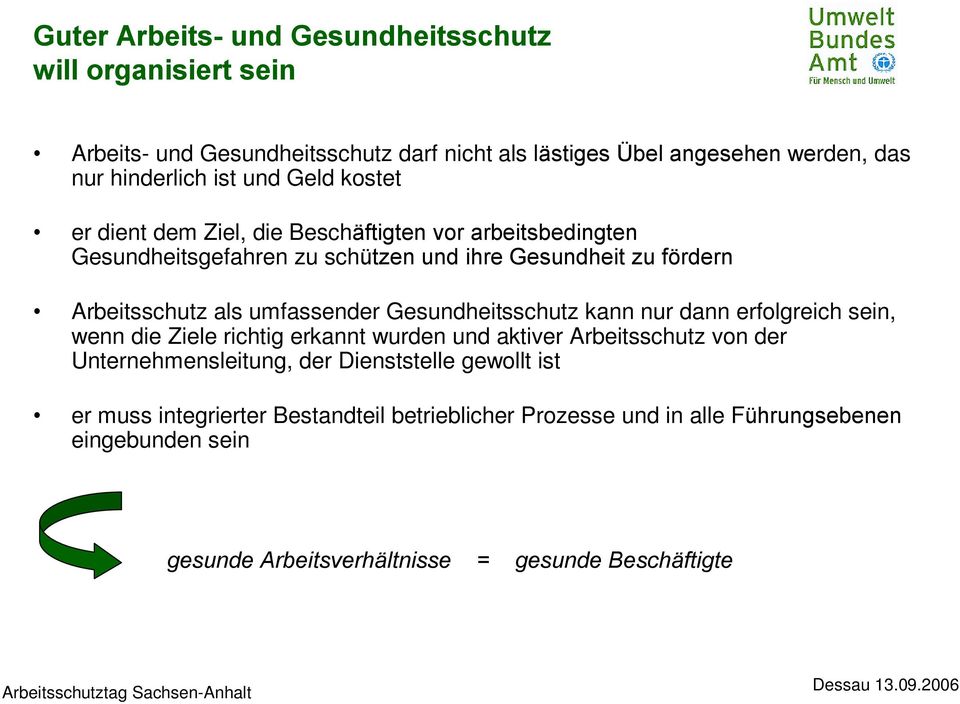 Gesundheitsschutz kann nur dann erfolgreich sein, wenn die Ziele richtig erkannt wurden und aktiver Arbeitsschutz von der Unternehmensleitung, der Dienststelle gewollt