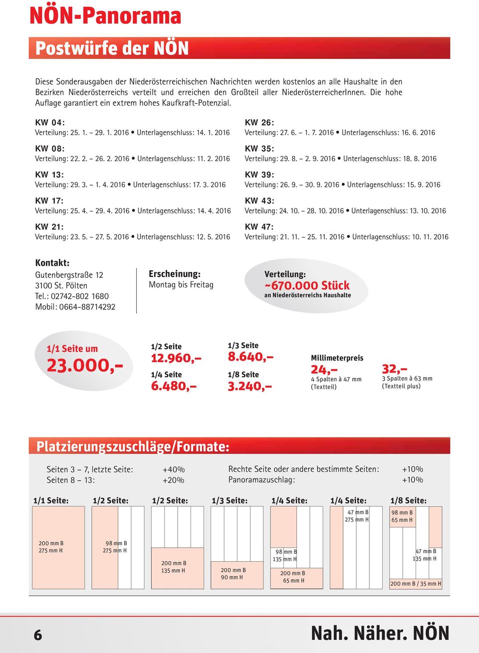 2. 2016 KW 13: Verteilung: 29. 3. 1. 4. 2016 Unterlagenschluss: 17. 3. 2016 KW 17: Verteilung: 25. 4. 29. 4. 2016 Unterlagenschluss: 14. 4. 2016 KW 21: Verteilung: 23. 5. 27. 5. 2016 Unterlagenschluss: 12.