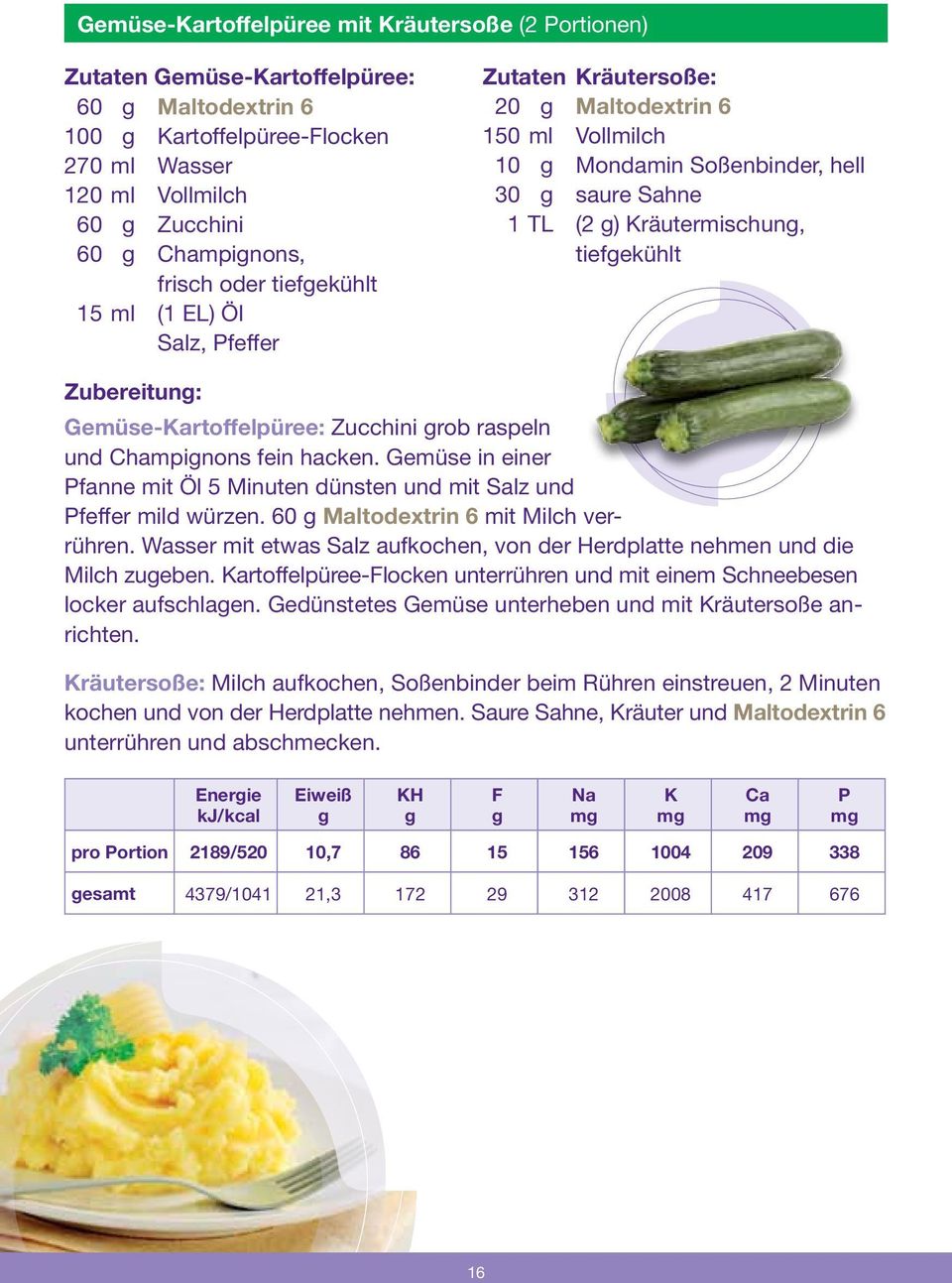 Gemüse-artoffelpüree: Zucchini rob raspeln und Champinons fein hacken. Gemüse in einer fanne mit Öl 5 Minuten dünsten und mit Salz und feffer mild würzen. 60 Maltodextrin 6 mit Milch verrühren.