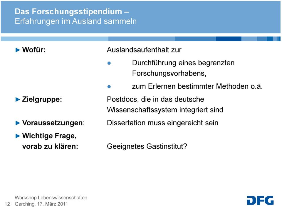 Zielgruppe: Voraussetzungen: Wichtige Frage, vorab zu klären: Postdocs, die in das deutsche
