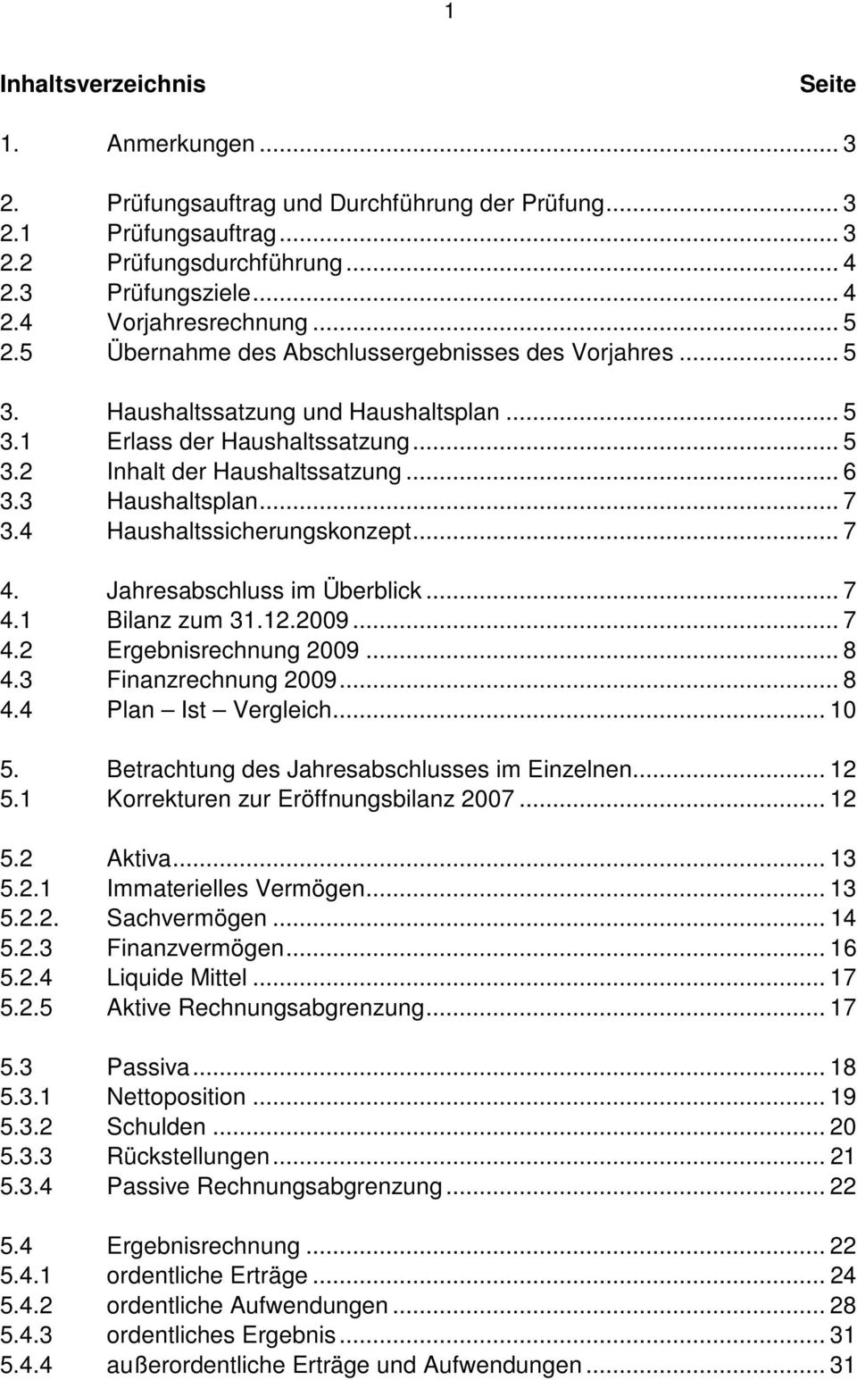 .. 7 3.4 Haushaltssicherungskonzept... 7 4. Jahresabschluss im Überblick... 7 4.1 Bilanz zum 31.12.2009... 7 4.2 Ergebnisrechnung 2009... 8 4.3 Finanzrechnung 2009... 8 4.4 Plan Ist Vergleich... 10 5.