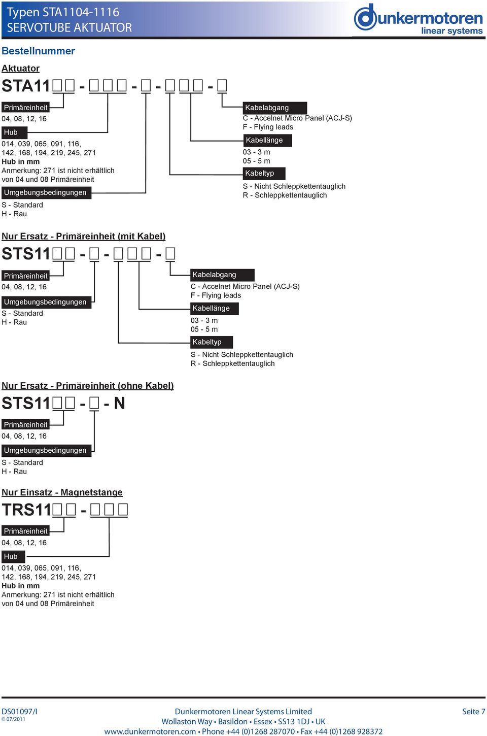 Ersatz - Primäreinheit (mit Kabel) STS11 - - - Primäreinheit Kabelabgang 04, 08, 12, 16 C - Accelnet Micro Panel (ACJ-S) F - Flying leads Umgebungsbedingungen Kabellänge S - Standard H - Rau 03-3 m