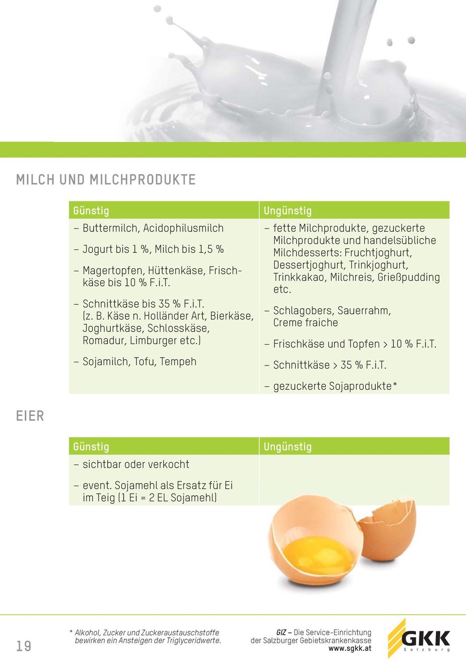 ) Sojamilch, Tofu, Tempeh Ungünstig fette Milchprodukte, gezuckerte Milchprodukte und handelsübliche Milchdesserts: Fruchtjoghurt, Dessertjoghurt, Trinkjoghurt, Trinkkakao, Milchreis, Grießpudding