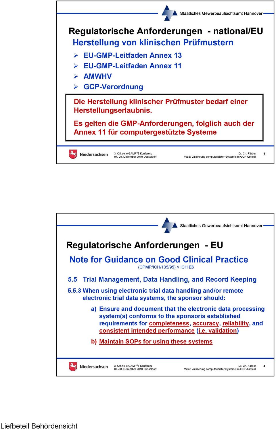 Es gelten die GMP-Anforderungen, folglich auch der Annex 11 für computergestützte Systeme 3 Regulatorische Anforderungen - EU Note for Guidance on Good Clinical Practice (CPMP/ICH/135/95) // ICH E6 5.