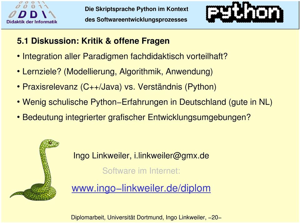 Verständnis (Python) Wenig schulische Python Erfahrungen in Deutschland (gute in NL) Bedeutung integrierter