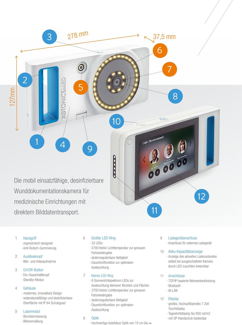 widerstandsfähige und desinfizierbare Oberfläche mit IP 64 Schutzgrad 5 Lasermodul Wundvermessung Bildvermaßung 6 Großer LED-Ring 32 LEDs 2700 Kelvin Lichttemperatur zur genauen Farbwiedergabe