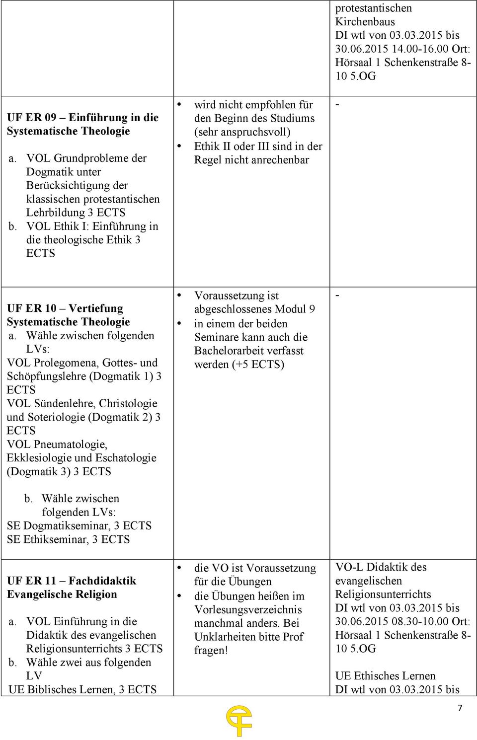 Kirchenbaus DI wtl von 03.03.2015 bis 30.06.2015 14.00-16.00 Ort: Hörsaal 1 Schenkenstraße 8-10 5.OG - UF ER 10 Vertiefung Systematische Theologie a.