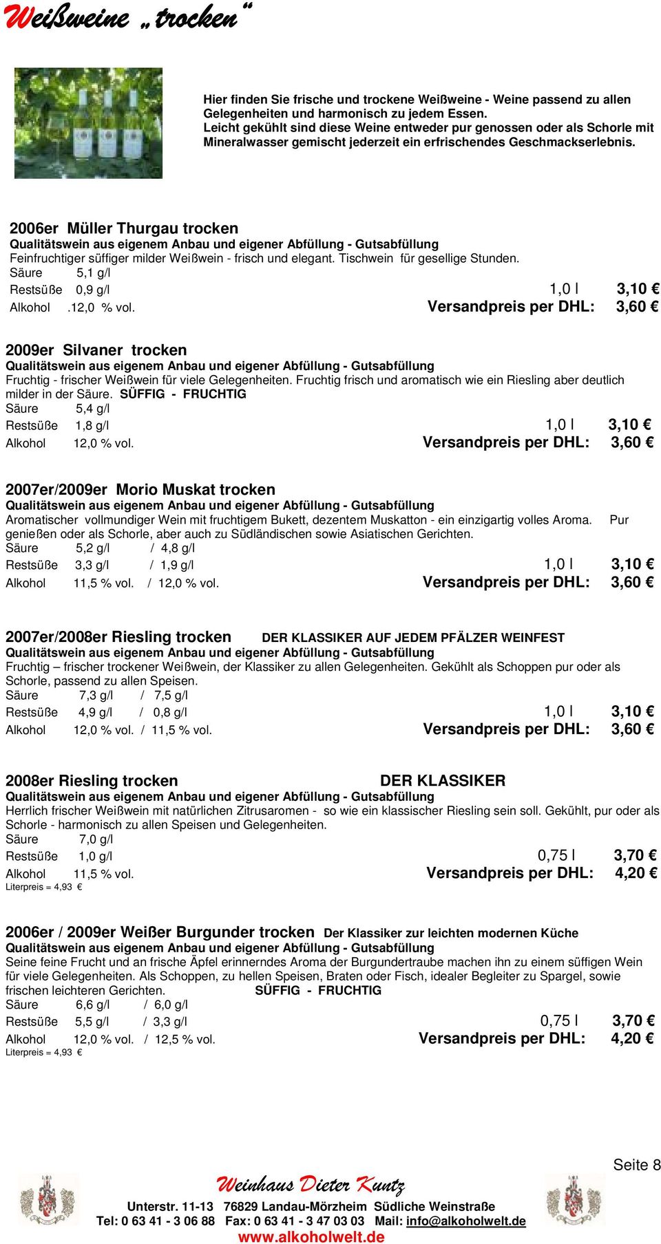 2006er Müller Thurgau trocken Feinfruchtiger süffiger milder Weißwein - frisch und elegant. Tischwein für gesellige Stunden. 5,1 g/l Restsüße 0,9 g/l 1,0 l 3,10 Alkohol.12,0 % vol.