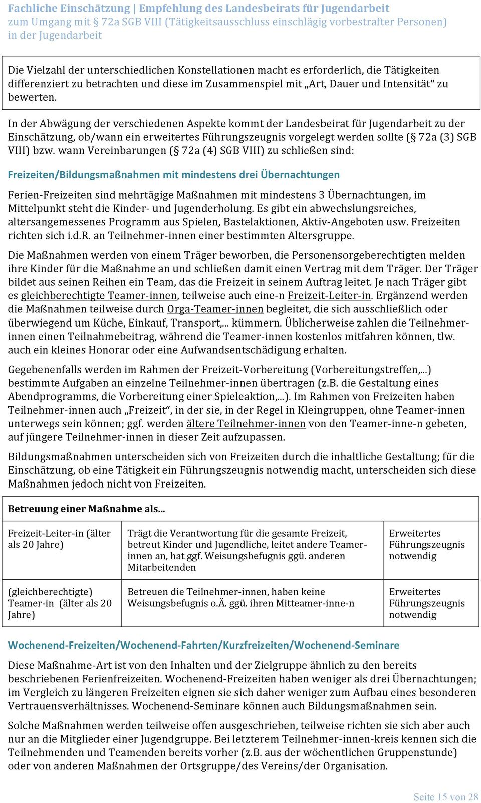 wann Vereinbarungen ( 72a (4) SGB VIII) zu schließen sind: Freizeiten/Bildungsmaßnahmen mit mindestens drei Übernachtungen Ferien- Freizeiten sind mehrtägige Maßnahmen mit mindestens 3