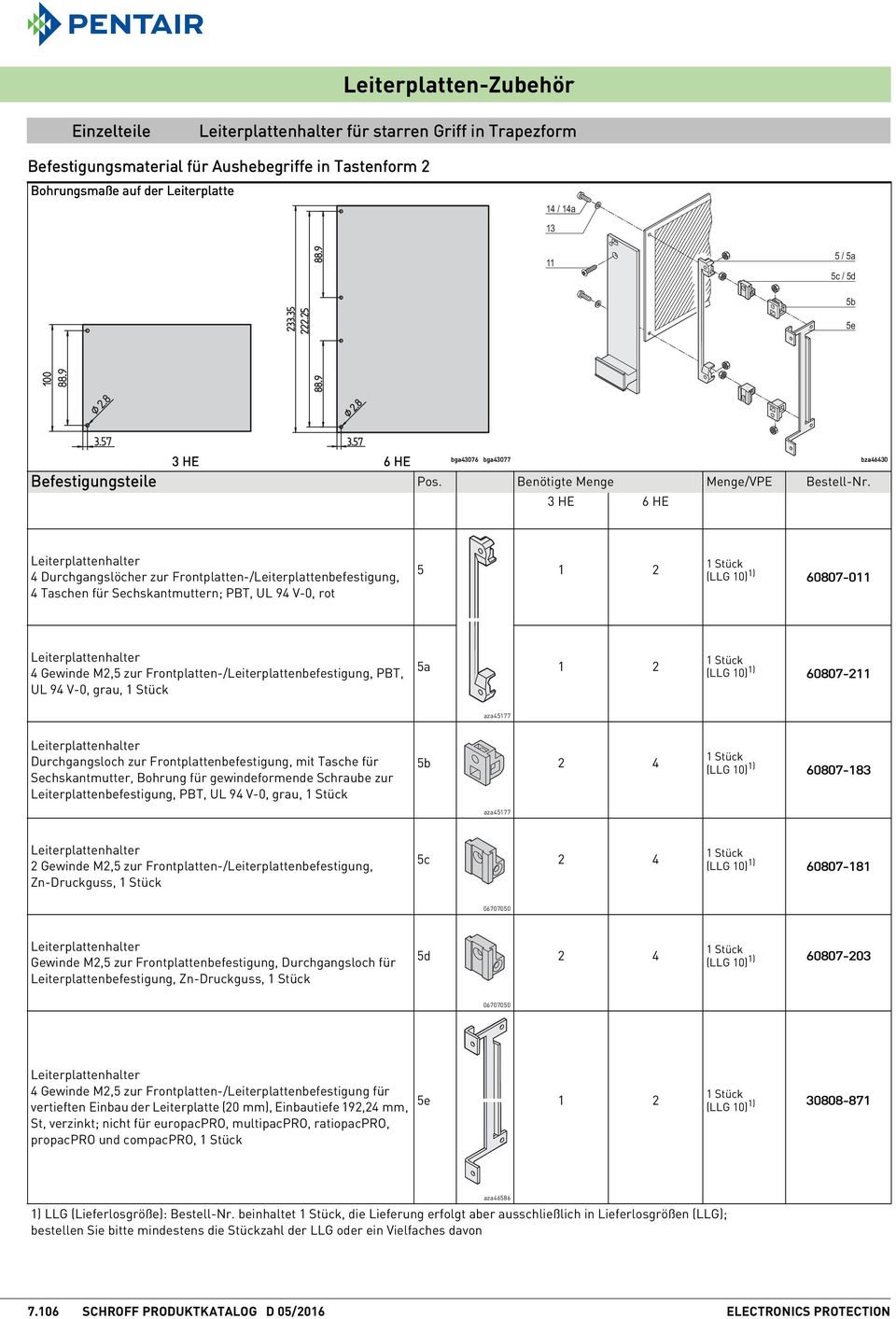 3HE 6HE Leiterplattenhalter 4 Durchgangslöcher zur Frontplatten-/Leiterplattenbefestigung, 4 Taschen für Sechskantmuttern; PBT, UL 94 V-0, rot 5 2 Stück (LLG 0) ) 60807-0 Leiterplattenhalter 4