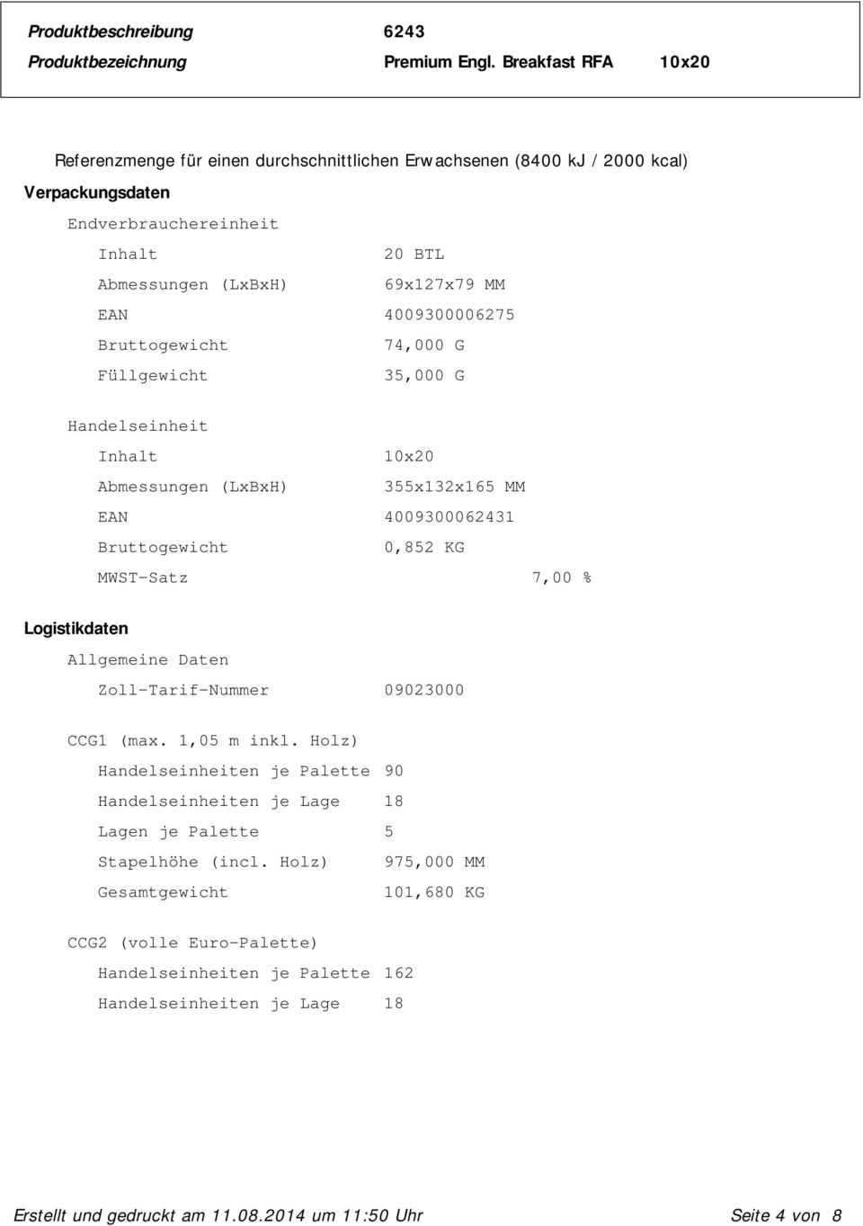 Logistikdaten Allgemeine Daten Zoll-Tarif-Nummer 09023000 CCG1 (max. 1,05 m inkl.