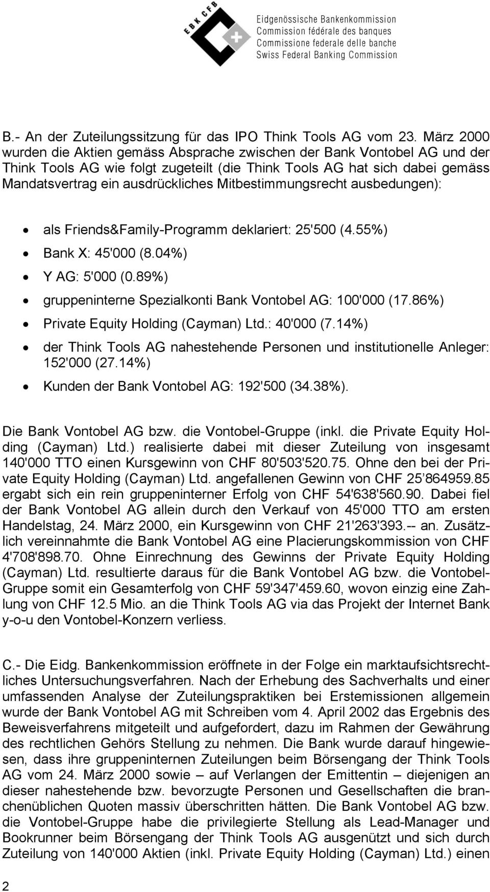 Mitbestimmungsrecht ausbedungen): als Friends&Family-Programm deklariert: 25'500 (4.55%) Bank X: 45'000 (8.04%) Y AG: 5'000 (0.89%) gruppeninterne Spezialkonti Bank Vontobel AG: 100'000 (17.