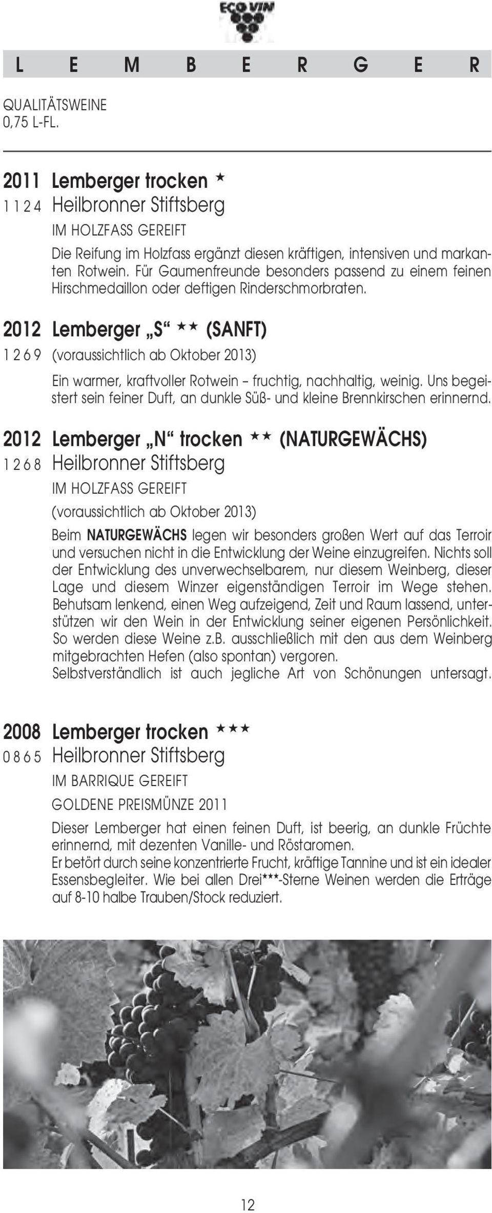2012 Lemberger S (SANFT) 1 2 6 9 (voraussichtlich ab Oktober 2013) 7,73 9,20 Ein warmer, kraftvoller Rotwein fruchtig, nachhaltig, weinig.