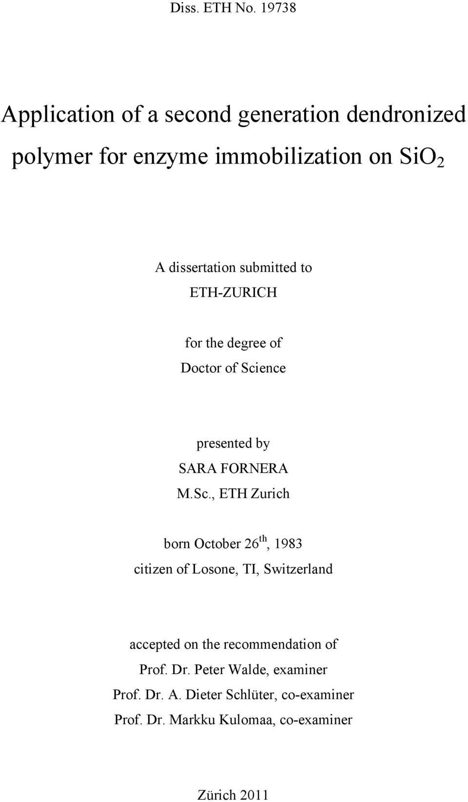 submitted to ETH-ZURICH for the degree of Doctor of Sci