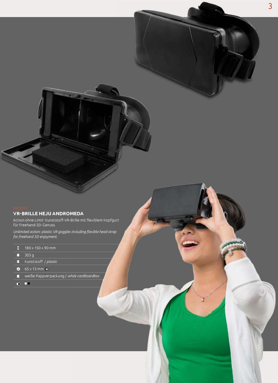 Unlimited action: plastic VR goggles including flexible head strap for