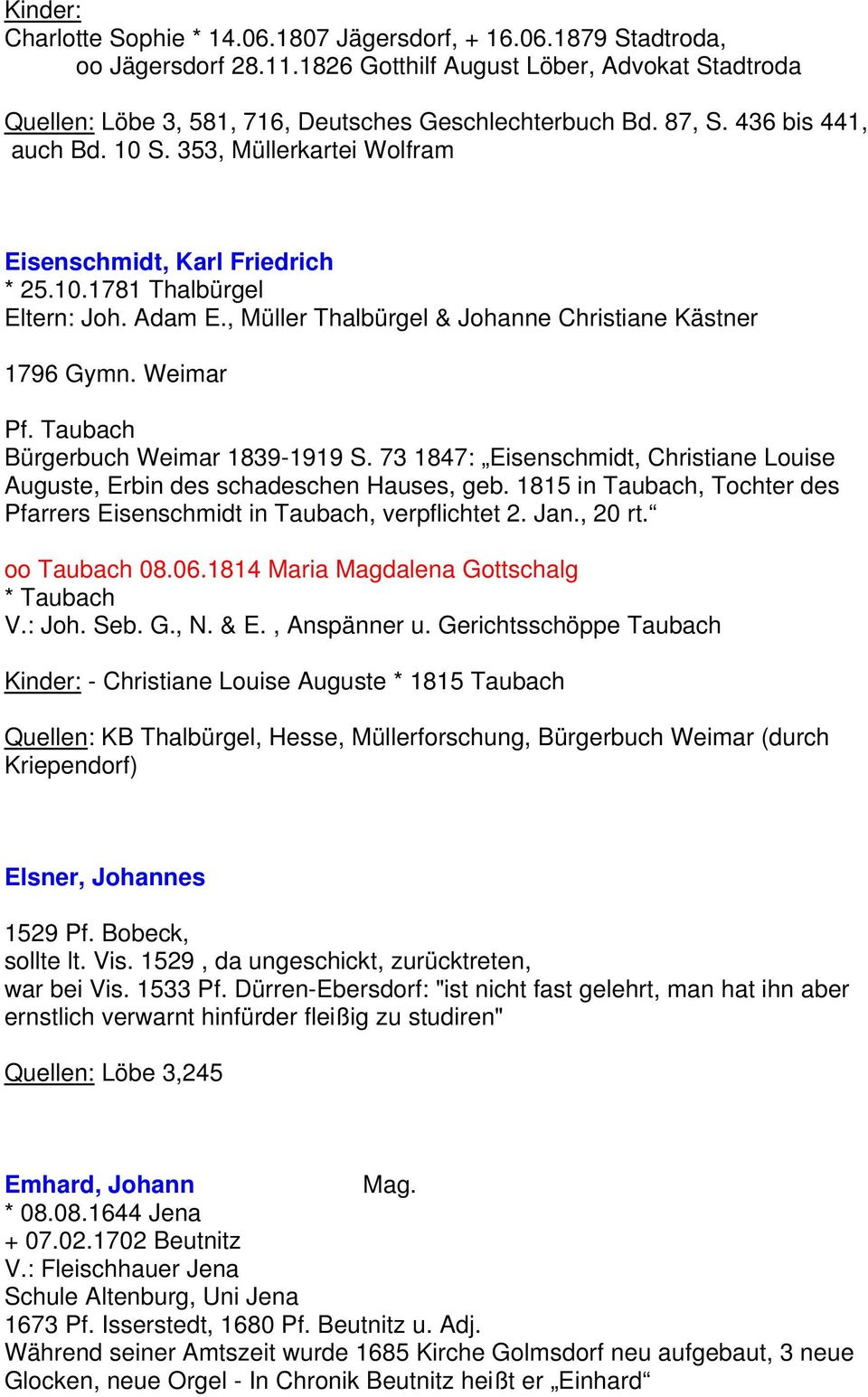 Taubach Bürgerbuch Weimar 1839-1919 S. 73 1847: Eisenschmidt, Christiane Louise Auguste, Erbin des schadeschen Hauses, geb.