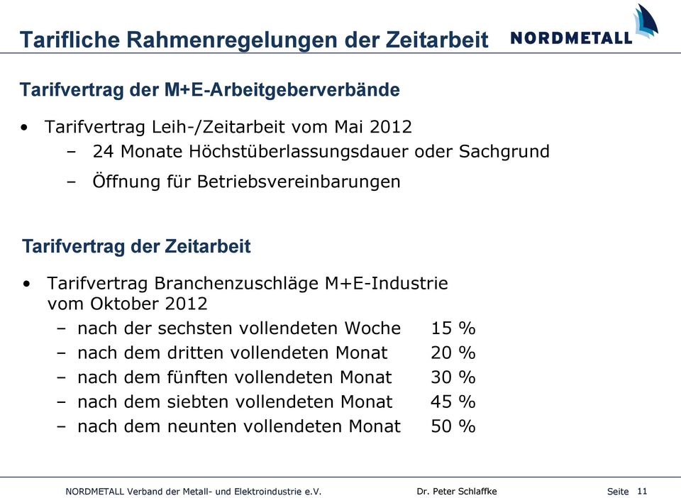 Branchenzuschläge M+E-Industrie vom Oktober 2012 nach der sechsten vollendeten Woche 15 % nach dem dritten vollendeten Monat 20