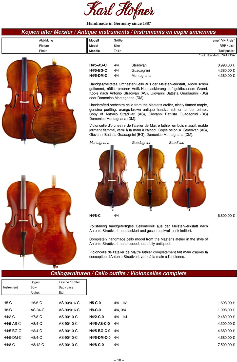 Kopie nach Antonio Stradivari (AS), Giovanni Battista Guadagnini (BG) oder Domenico Montagnana (DM).