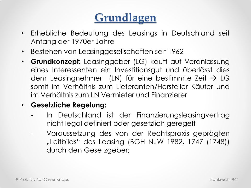 Lieferanten/Hersteller Käufer und im Verhältnis zum LN Vermieter und Finanzierer Gesetzliche Regelung: - In Deutschland ist der Finanzierungsleasingvertrag nicht legal