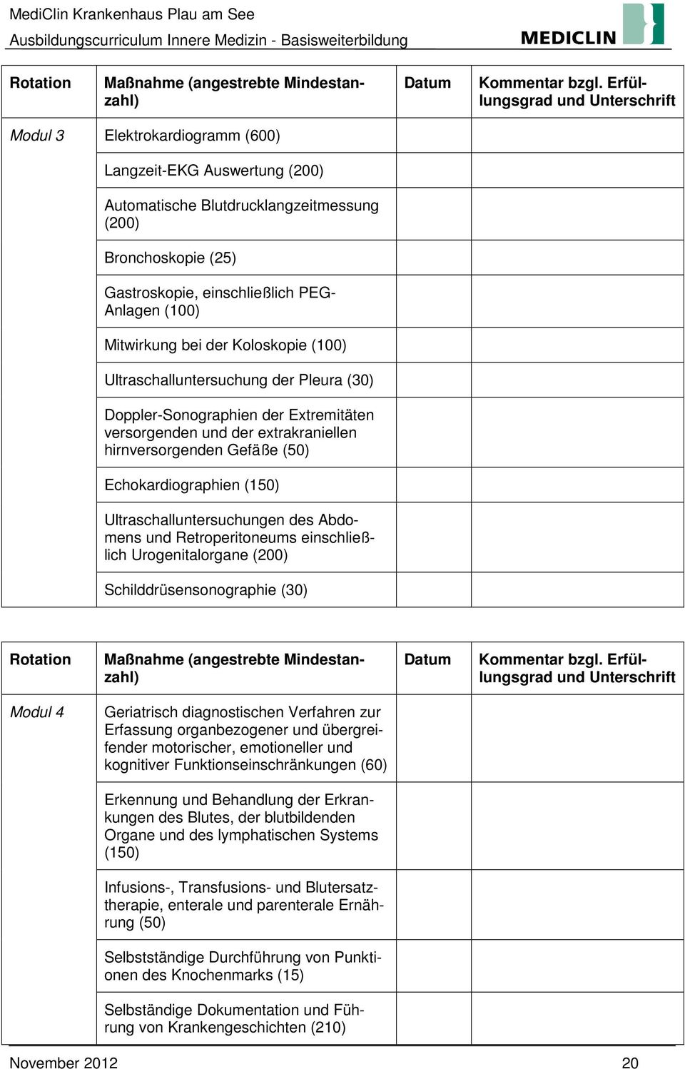 (100) Mitwirkung bei der Koloskopie (100) Ultraschalluntersuchung der Pleura (30) Doppler-Sonographien der Extremitäten versorgenden und der extrakraniellen hirnversorgenden Gefäße (50)