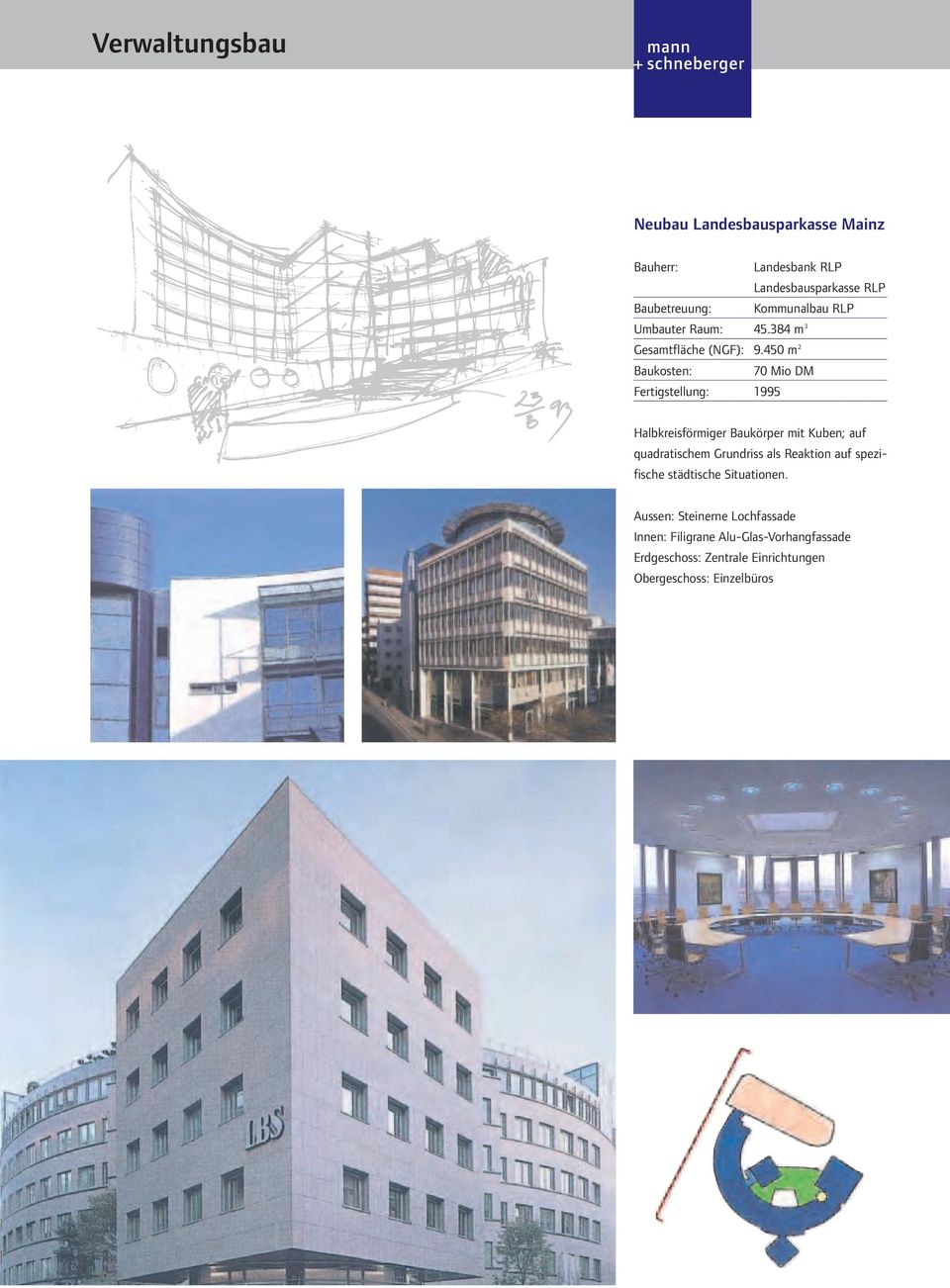 450 m 2 Baukosten: 70 Mio DM Fertigstellung: 1995 Halbkreisförmiger Baukörper mit Kuben; auf quadratischem Grundriss