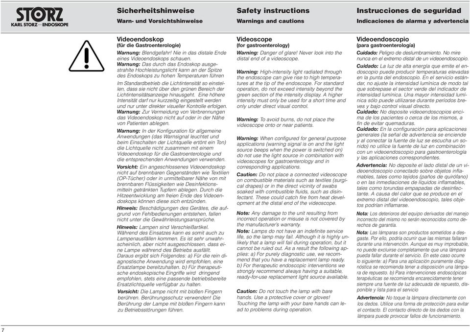 Warnung: Das durch das Endoskop ausgestrahlte Hochleistungslicht kann an der Spitze des Endoskops zu hohen Temperaturen führen Im Standardbetrieb die Lichtintensität so einstellen, dass sie nicht