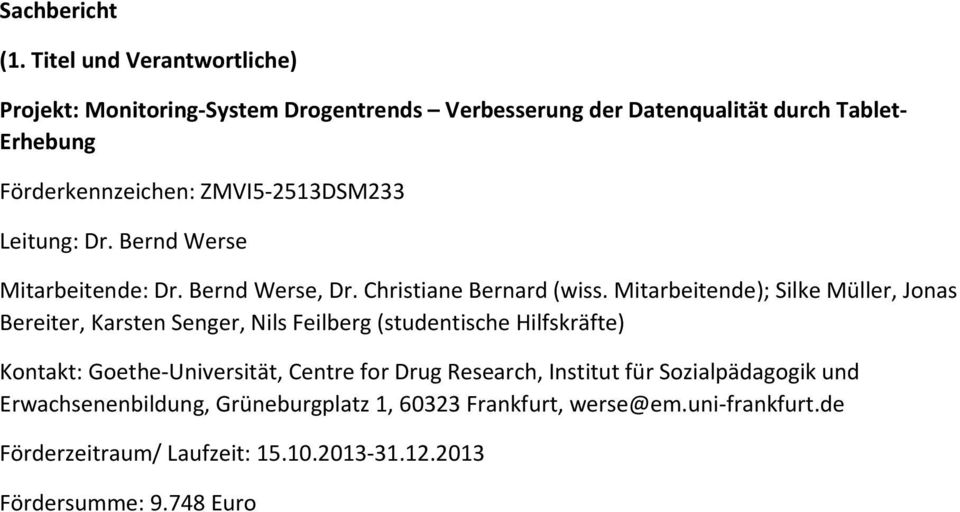 2513DSM233 Leitung: Dr. Bernd Werse Mitarbeitende: Dr. Bernd Werse, Dr. Christiane Bernard (wiss.