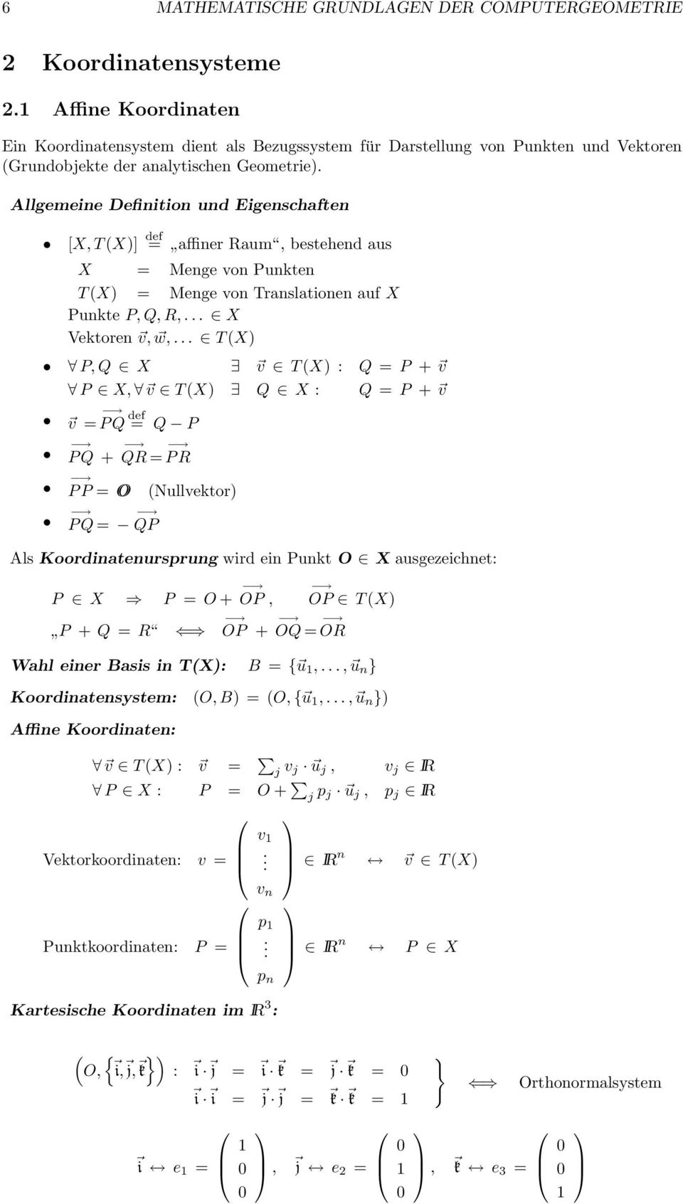 Allgemeine Definition und Eigenschaften [X, T (X)] def = affiner Raum, bestehend aus X = Menge von Punkten T (X) = Menge von Translationen auf X Punkte P, Q, R,... X Vektoren v, w,.