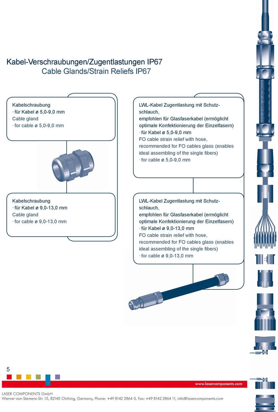 of the single fi bers) for cable ø 5,0-9,0 mm Kabelschraubung für Kabel ø 9,0-13,0 mm Cable gland for cable ø 9,0-13,0 mm LWL-Kabel Zugentlastung mit Schutzschlauch, empfohlen für Glasfaserkabel