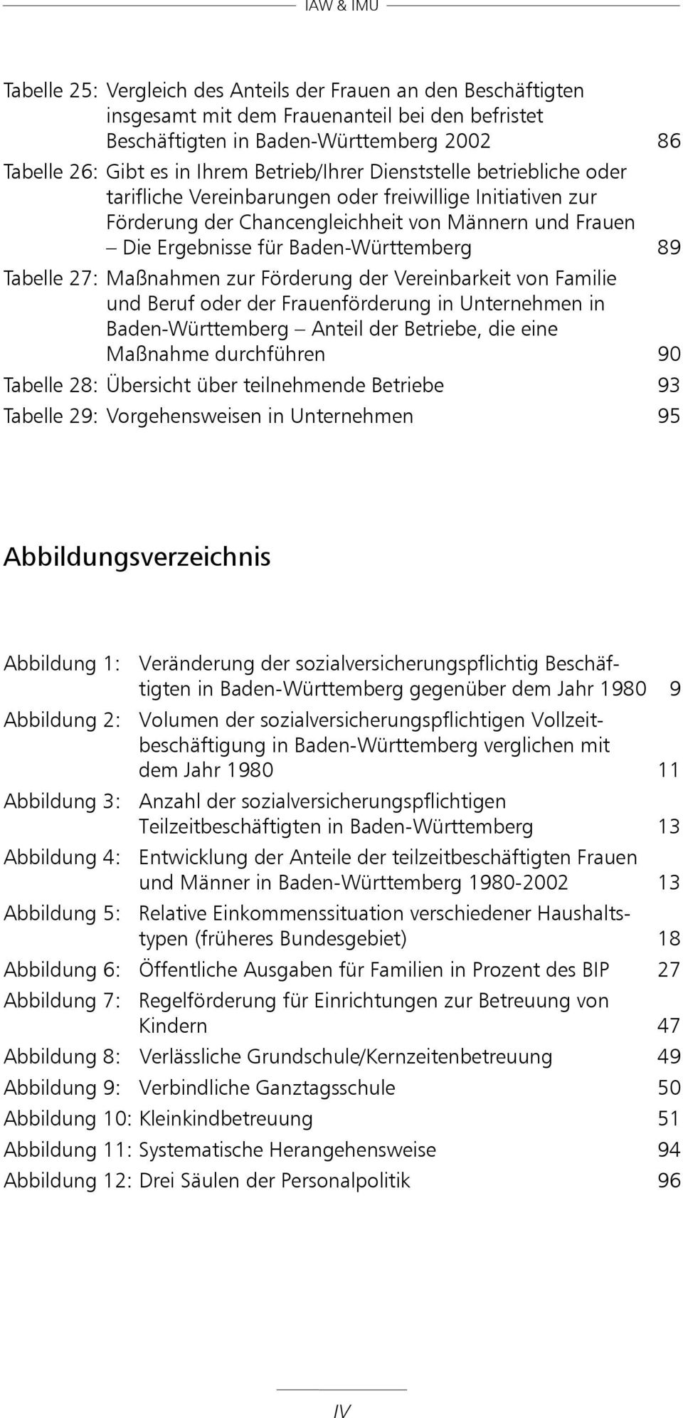 Tabelle 27: Maßnahmen zur Förderung der Vereinbarkeit von Familie und Beruf oder der Frauenförderung in Unternehmen in Baden-Württemberg Anteil der Betriebe, die eine Maßnahme durchführen 90 Tabelle
