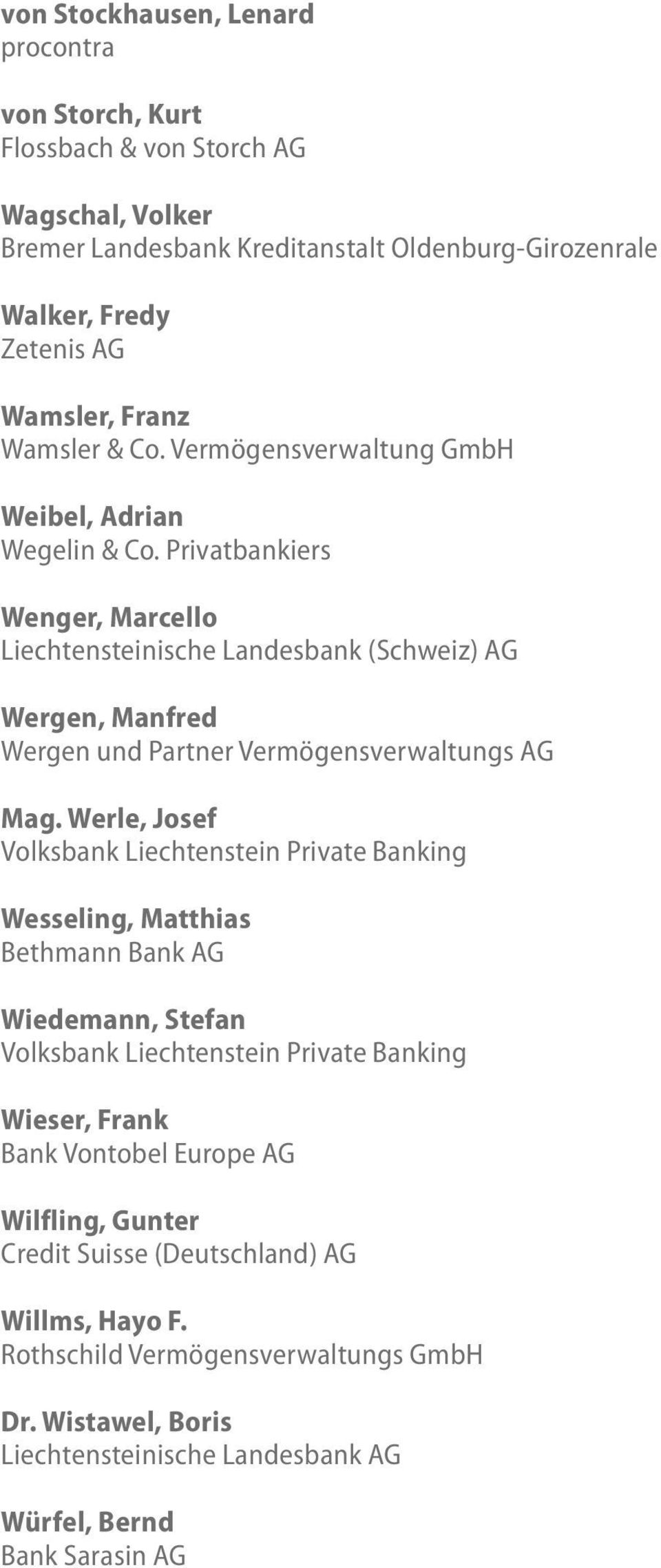Privatbankiers Wenger, Marcello Liechtensteinische Landesbank (Schweiz) AG Wergen, Manfred Wergen und Partner Vermögensverwaltungs AG Mag.