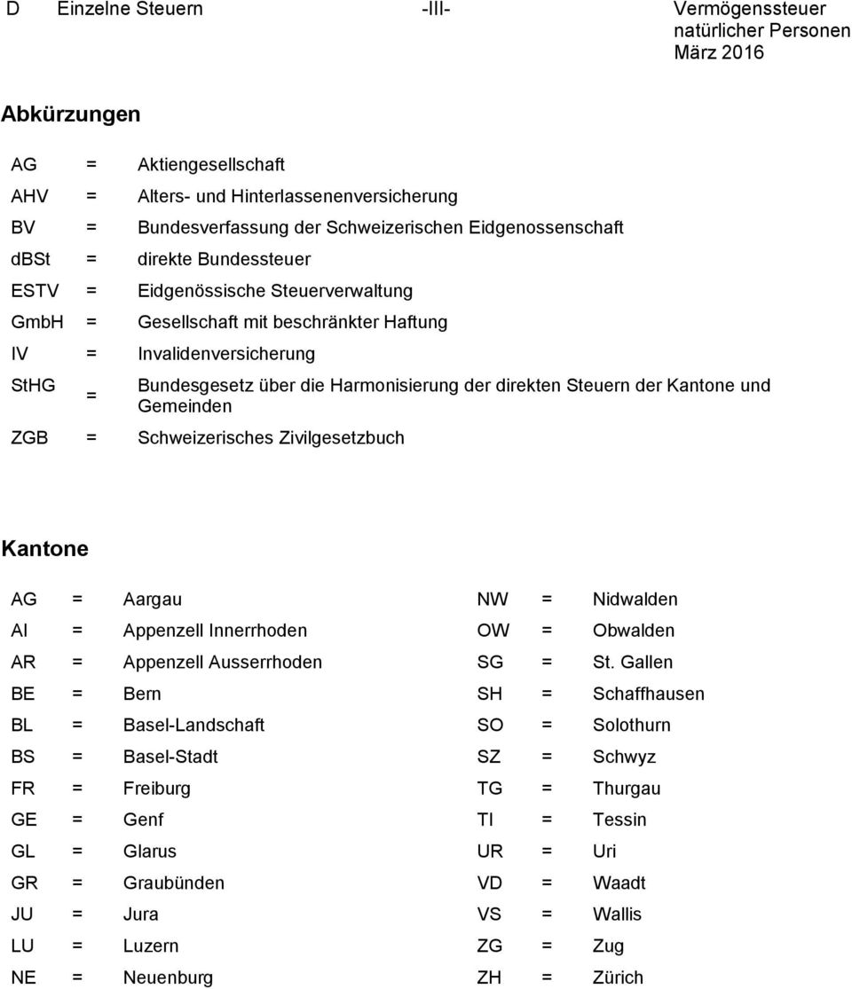 Kantone und Gemeinden ZGB = Schweizerisches Zivilgesetzbuch Kantone AG = Aargau NW = Nidwalden AI = Appenzell Innerrhoden OW = Obwalden AR = Appenzell Ausserrhoden SG = St.