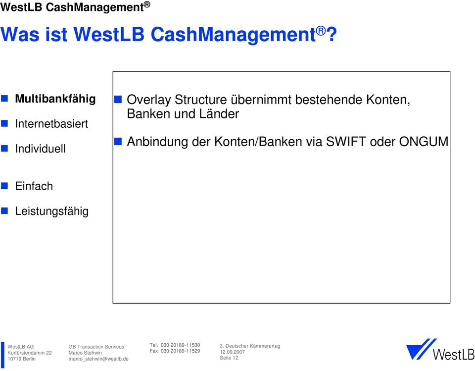 Länder Anbindung der Konten/Banken via SWIFT oder ONGUM Einfach Leistungsfähig WestLB AG Kurfürstendamm