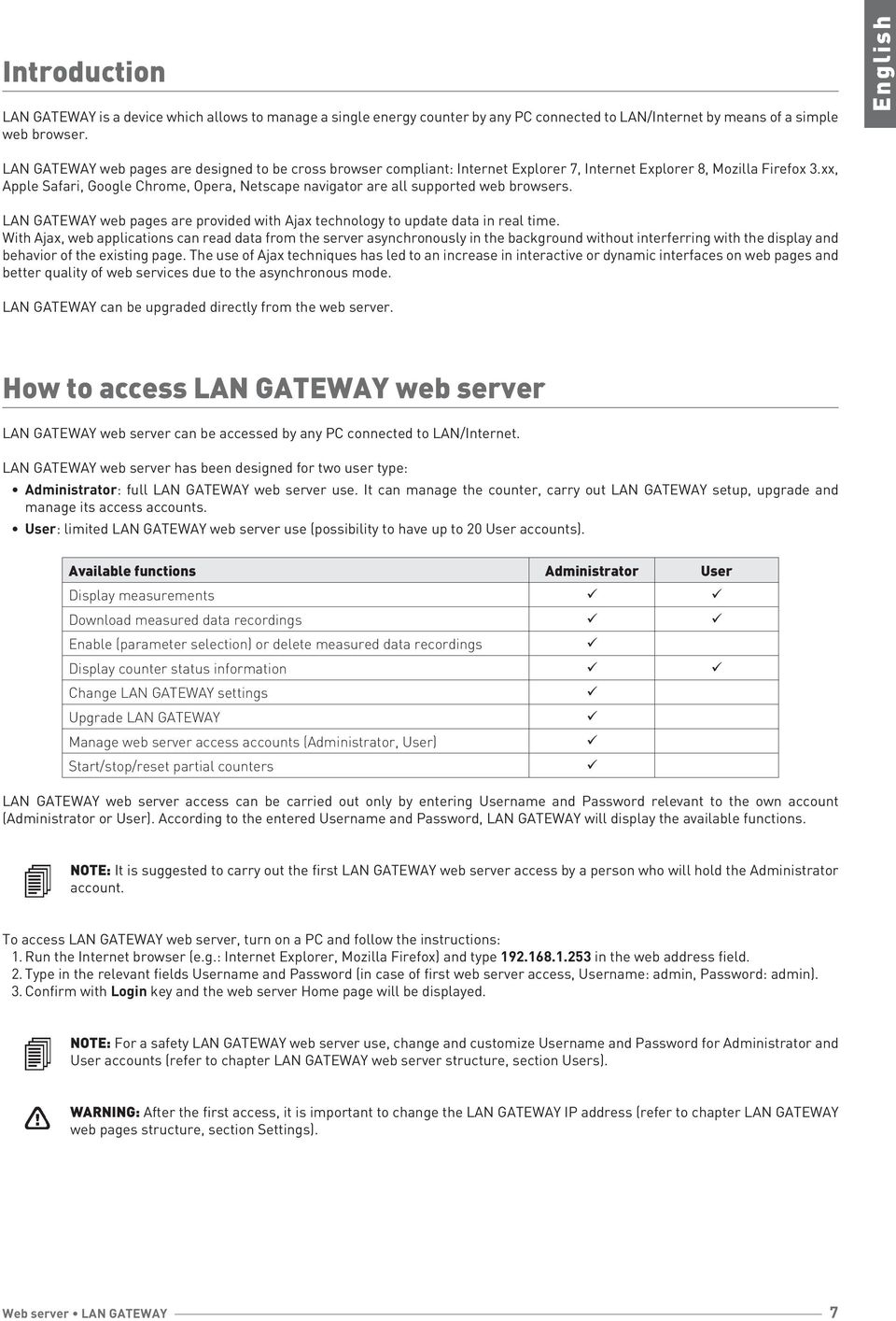 xx, Apple Safari, Google Chrome, Opera, Netscape navigator are all supported web browsers. LAN GATEWAY web pages are provided with Ajax technology to update data in real time.
