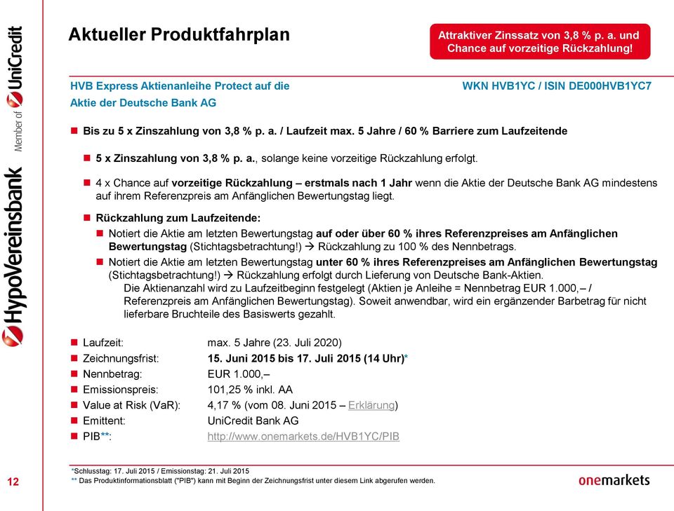 5 Jahre / 60 % Barriere zum Laufzeitende 5 x Zinszahlung von 3,8 % p. a., solange keine vorzeitige Rückzahlung erfolgt.