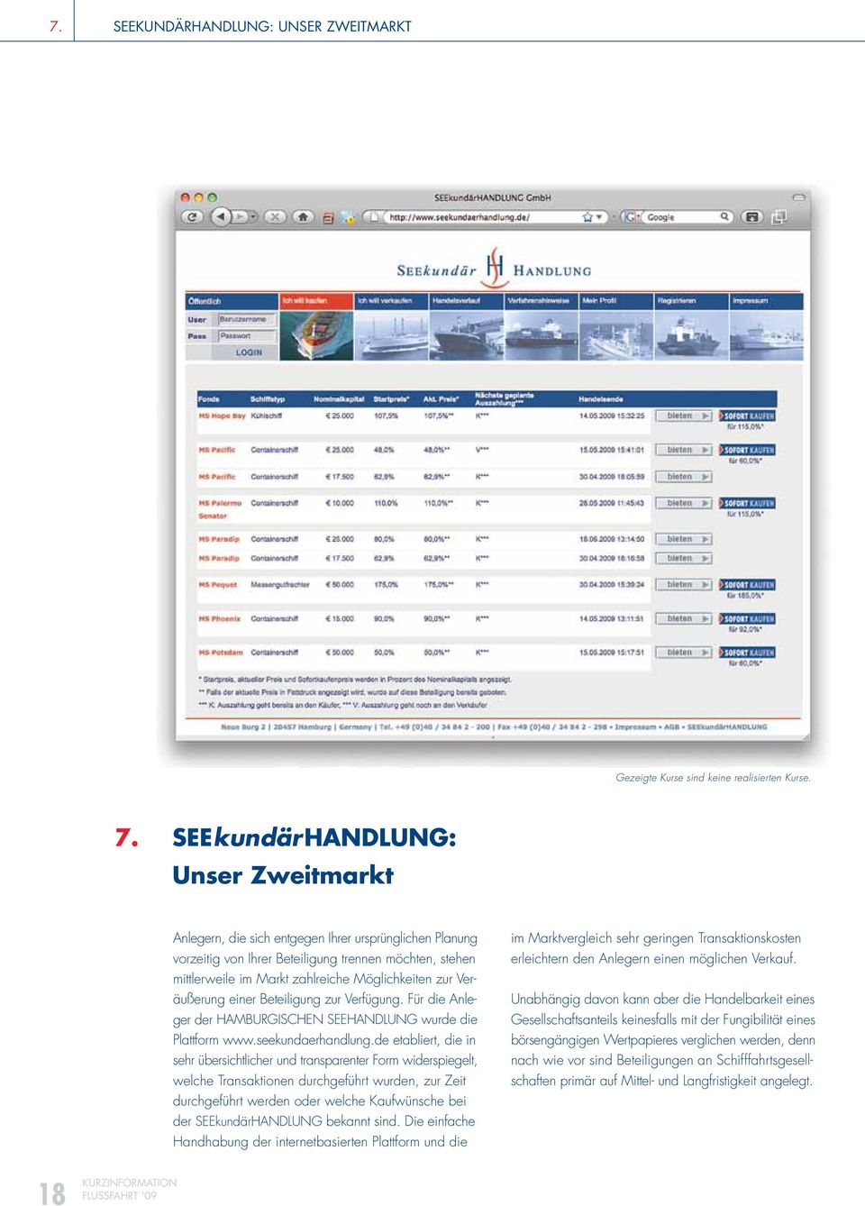zur Veräußerung einer Beteiligung zur Verfügung. Für die Anleger der HAMBURGISCHEN SEEHANDLUNG wurde die Plattform www.seekundaerhandlung.