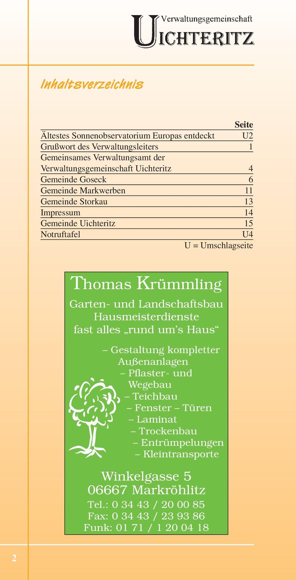 Umschlagseite Thomas Krümmling Garten- und Landschaftsbau Hausmeisterdienste fast alles rund um s Haus Gestaltung kompletter Außenanlagen Pflaster- und