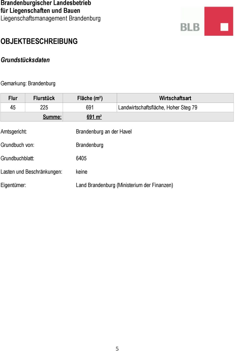 Amtsgericht: Brandenburg an der Havel Grundbuch von: Brandenburg Grundbuchblatt: