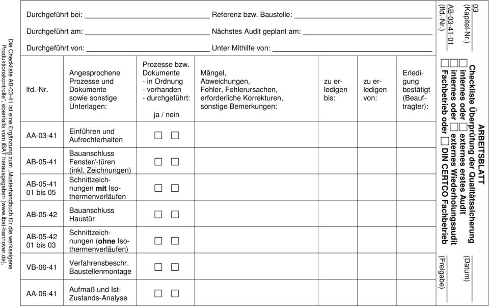 Bauanschluss Fenster/-türen (inkl. Zeichnungen) Schnittzeichnungen mit Isothermenverläufen Schnittzeichnungen (ohne Isothermenverläufen) Verfahrensbeschr.