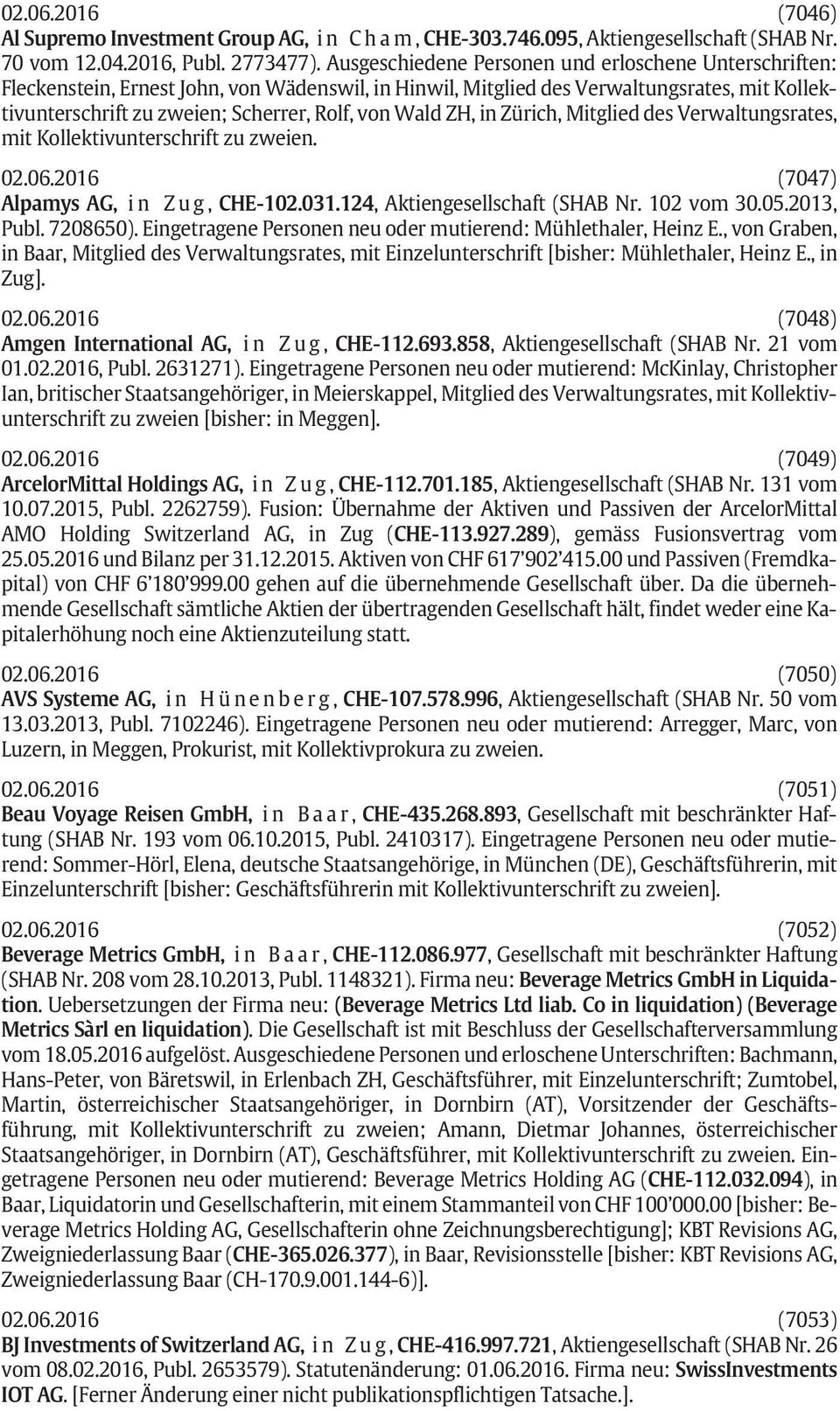 Wald ZH, in Zürich, Mitglied des Verwaltungsrates, mit Kollektivunterschrift zu zweien. 02.06.2016 (7047) Alpamys AG, i n Z u g, CHE-102.031.124, Aktiengesellschaft (SHAB Nr. 102 vom 30.05.2013, Publ.