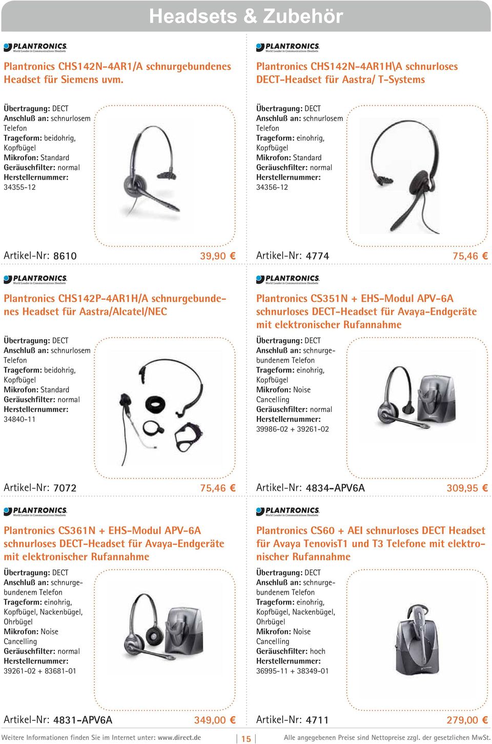 CHS142P-4AR1H/A schnurgebundenes für Aastra/Alcatel/NEC Anschluß an: schnurlosem 34840-11 Plantronics CS351N + EHS-Modul APV-6A schnurloses DECT- für Avaya-Endgeräte mit elektronischer Rufannahme