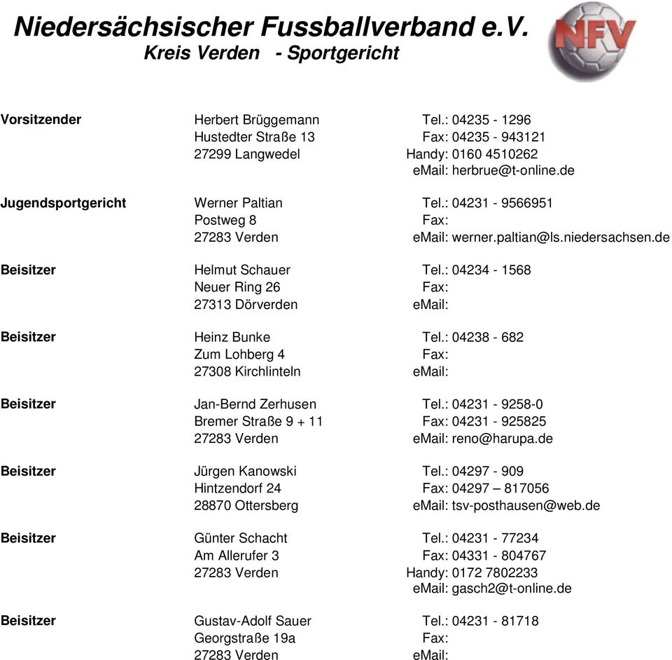 niedersachsen.de Beisitzer Helmut Schauer Tel.: 04234-1568 Neuer Ring 26 27313 Dörverden email: Beisitzer Heinz Bunke Tel.