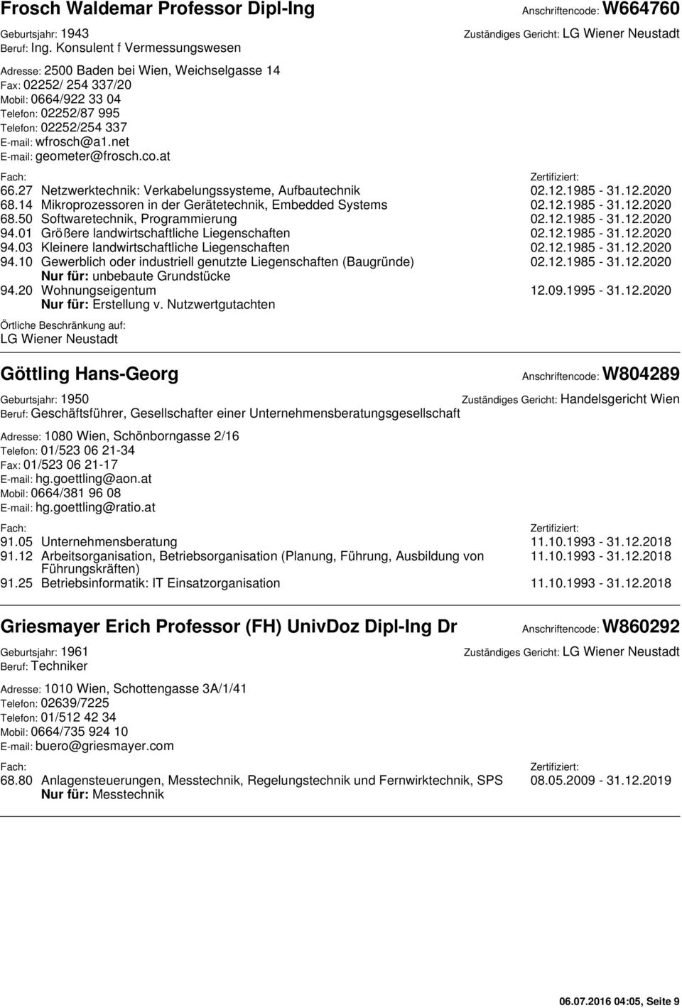 net E-mail: geometer@frosch.co.at Anschriftencode: W664760 Zuständiges Gericht: LG Wiener Neustadt 66.27 Netzwerktechnik: Verkabelungssysteme, Aufbautechnik 02.12.1985-31.12.2020 68.