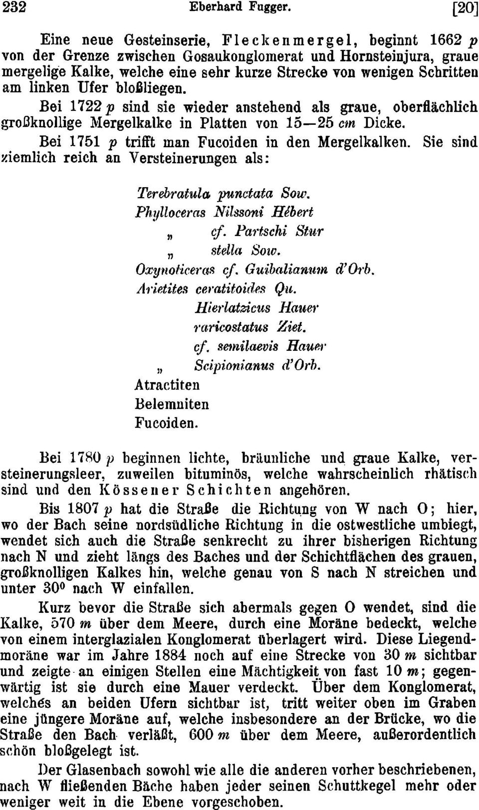 linken Ufer bloßliegen. Bei 1722 p sind sie wieder anstehend als graue, oberflächlich großknollige Mergelkalke in Platten von 15 25 cm Dicke. Bei 1751 p trifft man Fucoiden in den Mergelkalken.