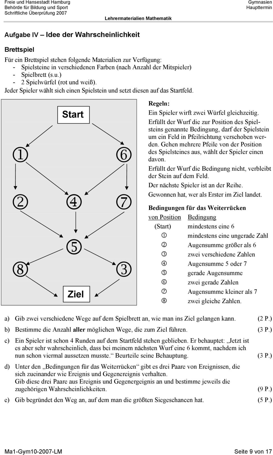 Start 6 4 7 5 8 Ziel Regeln: Ein Spieler wirft zwei Würfel gleichzeitig.